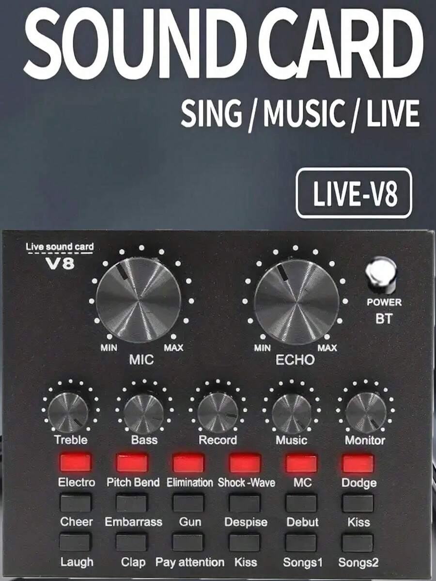 Carte son en temps réel V8 Mixeur en temps réel Convertisseur de voix Carte son avec plusieurs effets sonores Enregistrement sur ordinateur Convient pour la maison KTV Conversation vocale