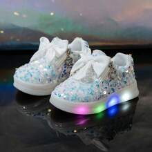兒童嬰兒 LED 閃光鞋，刷毛天鵝絨亮片平底彩色發光鞋 - 白色 - 查看 15