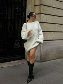 Autumn/Winter Fashionable Sexy Women's Loose Fluffy Knitted Long Sleeve Sweater Mini Dress, Stylish V-Neck Backless Design, White Dress