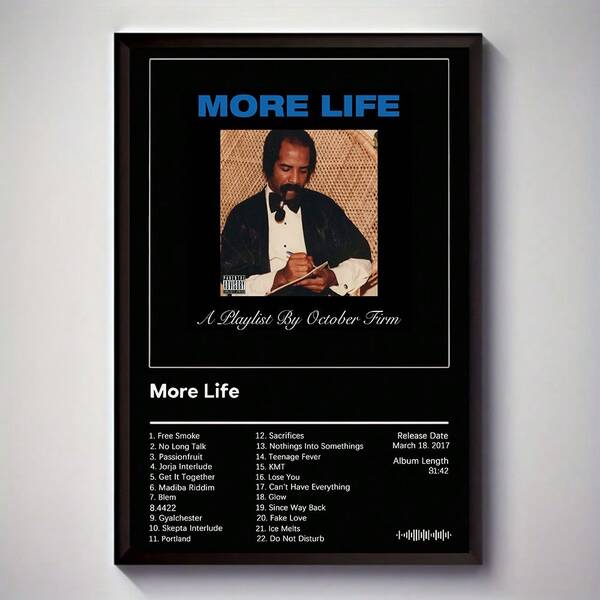 1 pieza "More Life" de Drake - Impresión en lienzo sin marco, decoración de pared artística moderna con tema musical, obra de arte resistente al agua para sala de estar, dormitorio, oficina, comedor - idea de regalo única, decoración de habitación elegante