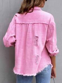 春秋休闲破洞口袋牛仔夹克 - 粉色 - 查看 6