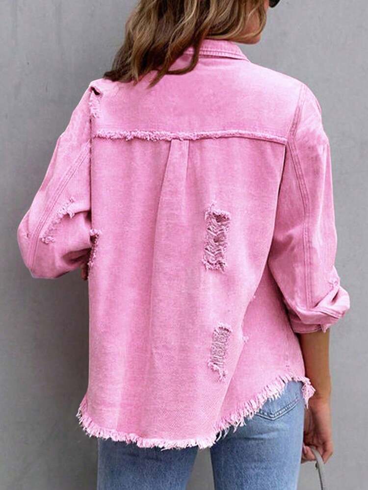 春秋休闲破洞口袋牛仔夹克 - 粉色 - 查看 6