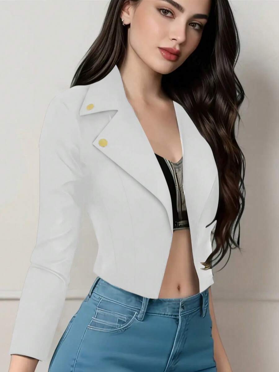 1件女款優雅時尚通勤短款翻領長袖開襟針織西裝外套,附鈕扣細節 - 白色 - 查看 1