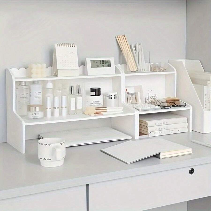 Office Storage Rack With Wooden Display Shelf-Crafted From Practical Wood Composite Material, It Assembles And Disassembles Effortlessly Without Drilling. The Multi-Tier Desktop Storage Rack Features A Tiered Shelf Design To Maximize Space Utilization And Enhance Storage Capacity. Its Multi-Level Shelving Is Ideal For Organizing Books And Cosmetics, Making It Equally Suitable For Home And Office Use. The Tiered Structure Maximizes Space Utilization, Significantly Increasing Storage Capacity. The Dust-Proof Desktop Organizer Protects Your Belongings, Offering An Exceptional Storage Solution Whether Organizing Cosmetics, Office Supplies, Or Tidying Bedrooms And Living Rooms. - 白色 - 查看 1