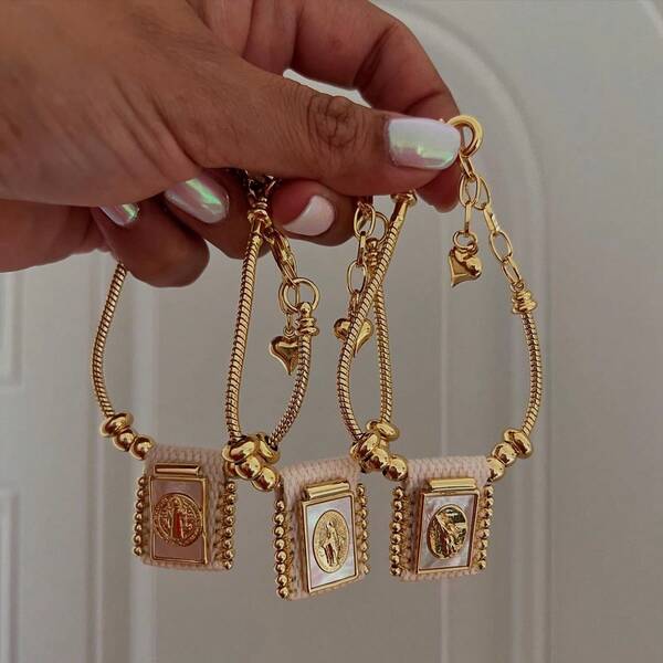 1pc 18K Gold Plated Vintage Religious Christian San Benito Cross Virgin Mary Tiny Bead Handmade Accessories Women Bracelets