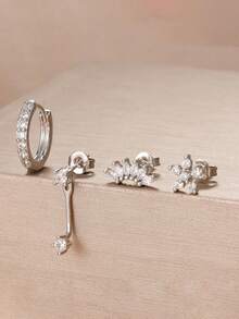 4pcs/8pcs Exquisite Cubic Zirconia Flower Stud Earrings Set Fashion Stack Earring Ear Piercing Jewelry For Women Party, Daily Wear - LM-flower Earrings Set - View 4