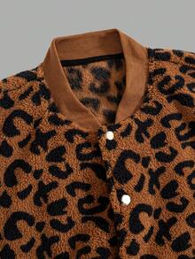 男士棕色和黑色豹纹罗纹袖口和下摆双口袋纽扣设计夹克，毛绒面料厚实保暖柔软舒适休闲装，秋冬新款长袖羊毛外套 - 銅色 - 查看 5