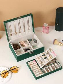 Dwuwarstwowa szkatułka na biżuterię dla kobiet i dziewcząt, organizer na biżuterię ze skóry PU z zamkiem, wyjmowana tacka, stojak na biżuterię na naszyjniki, kolczyki, bransoletki, pierścionki, zegarki