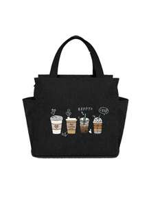 Thermal Bag, Insulated Bag With The "Four Cups Of Coffee" Pattern Paired With A Black Cutlery Storage Bag, A Double Pocket Lunch Box Bag, Large Capacity, Student Meal Insulated Refrigerated Bag, Portable Travel Picnic Bag, Office School Lunch Bag Insulated Lunch Box, Work Lunch Box, Work Office Holiday Lunch Box, And Multi-Functional Camping School Lunch Box For Both Men And Women