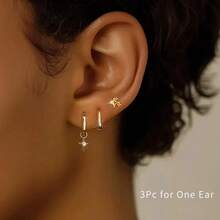 3pcs/Set Elegant & Shiny Star Element Earrings, Women's Gold Hoop Earrings With CZ Personalized Star Stud Earrings, Hypoallergenic Multiple Ear Cuffs Suitable For Daily Wear, Holidays, Birthdays, Parties, Christmas, Halloween