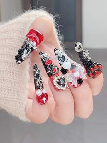 10片哥特风长尖头美甲贴纸，厚实耐用，高端酷炫美甲，Y2K甜美时尚美甲贴，包含十字架、爱心、药丸、金属骷髅、蝴蝶结、玫瑰、可爱猫爪、蜘蛛、皇冠等元素，朋克风亚克力美甲贴纸，黑红配色，哥特风，万圣节美甲，可爱美甲 - 彩色 - 查看 4