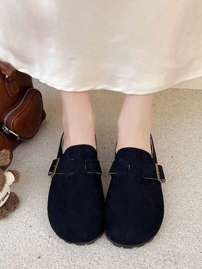 1 par de zapatos mule con hebilla de moda, zapatos cómodos y antideslizantes de fácil puesta, diseño elegante con hebilla, sensación suave en los pies, estilo casual sin esfuerzo, versátil para uso en interiores y exteriores, que encarna perfectamente el look universitario