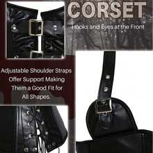 Women Black Faux Leather Corset Bustier Lace Up Burlesque Basque Outfits Halloween Party - 黑色 - 查看 8