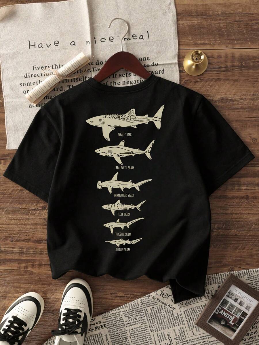 Men's Casual Ocean Fish Graphic Print Round Neck Short Sleeve T-Shirt, Summer - Black - View 1