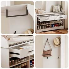 Wardrobe Set Wall Wardrobe, White, Hallway Wardrobe Set With Open Shoe Cabinet And Mirror, 4 Coat Hooks, 1 Clothes Rail, 2 Drawers, Entrance Cupboard Coat Stand, Modern Anteroom Furniture Set - White - View 5