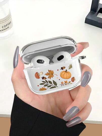 حافظة شفافة/سوداء لحماية سماعات الأذن - بنقوش أوراق القيقب والقرع والصنوبر، متوافقة مع 4/1/2/3/Pro/Pro2