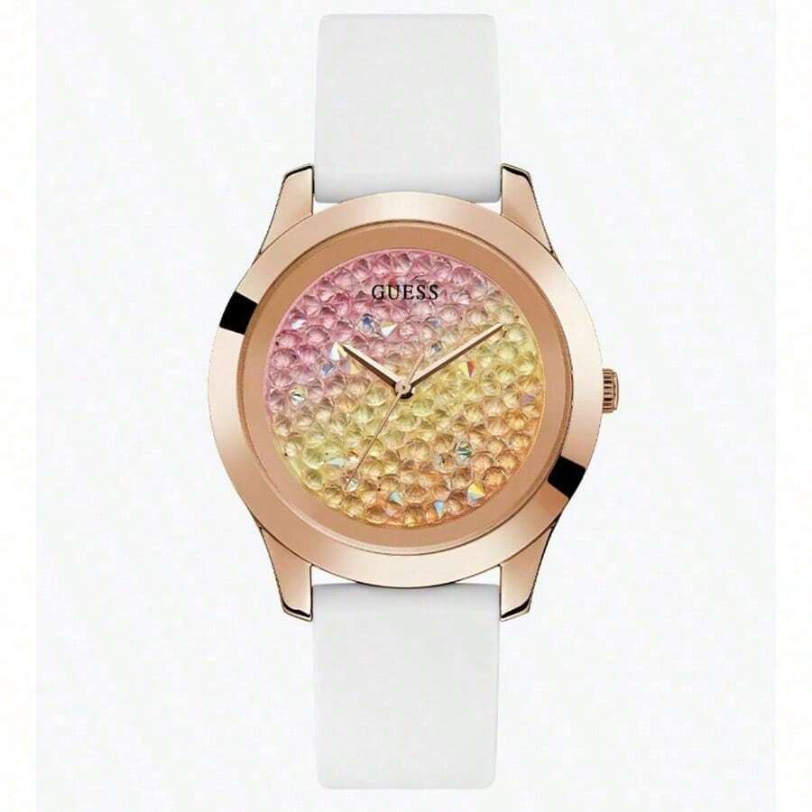 Guess Reloj para mujer con esfera de cristal plateado y correa de goma rosa y blanca - W1223L1/W1223L3