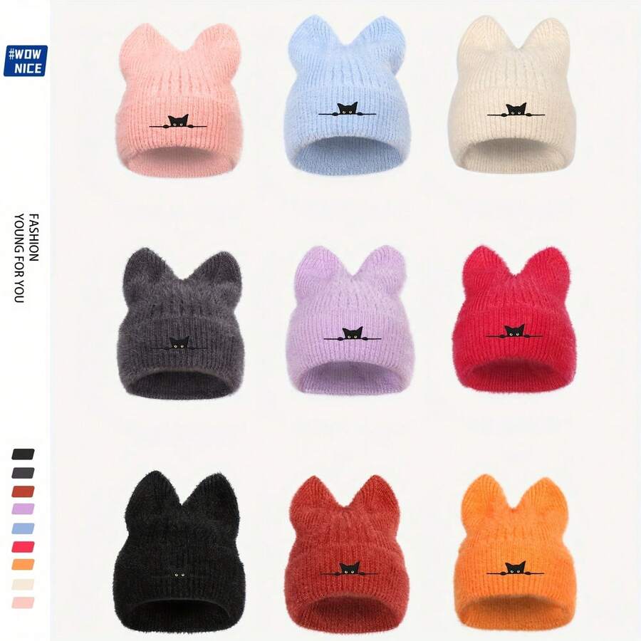 Unisex Plush Knitted Cat Ear Winter Hat - Soft & Warm For Christmas, Halloween, Valentine's Day - Cozy Felt Design (Multiple Colors) - Ideal Gift For Cat Lovers - Cute Solid Color With Black Cat Face & Ears - Hand Wash Or Dry Clean - Stretchy & Comfortable Fit - Suitable For Everyday & Holiday Wear - Adult & Teen Universal Size