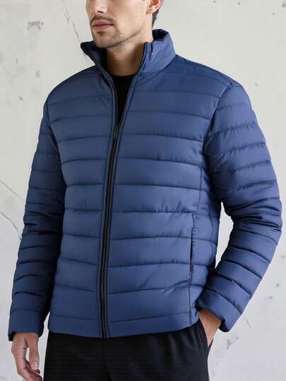 Abrigo acolchado de unicolor para hombre, chaqueta casual acolchada con cremallera cálida y cómoda para hombre, chaqueta casual de senderismo para exteriores, otoño/invierno