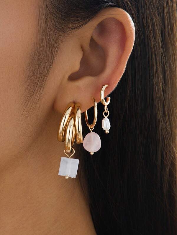 3pcs New Fashionable Multi-Element Geometric Gold Metal Faux Pearl & Stone Pendant Earrings For Women, Suitable For Daily, Banquet, Party, Holiday Gift