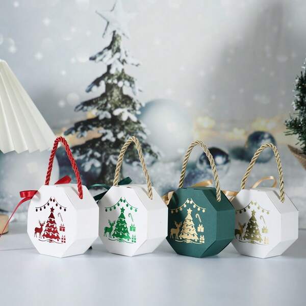 10pcs Merry Christmas Candy Box Christmas Tree Cute Small Gift Box With Hand-Held Rope Colored Ribbons Cardboard Goody Boxes Packaging For Party Favors Decor