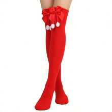 A Pair Of Festive Red Thigh-High Socks With Faux Fur Ball Pendants And Bow Detailing, Stretch-Knit Polyester Blend, Perfect For All Seasons, Machine Washable -