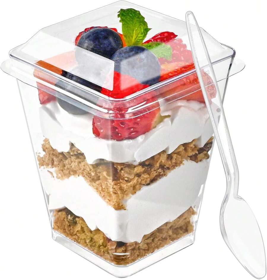 Zezzxu 25 Pack 5 Oz Plastic Dessert Cups With Lids And Spoons, Banana Pudding Cups With Lids Mini Dessert Shooters For Party Individual Yogurt Parfait Jello Fruit Trifle - 25 cốc 25 nắp 25 thìa - Xem 1