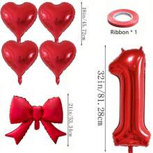 6pcs/Set 32" Red Number, Bow, Heart Foil Balloon Set - Red Theme Birthday Party Decor Balloons, 21" Red Bow Balloons, 18" Red Heart Balloons With Red Balloon Ribbons, Suitable For Wedding, Birthday, Valentine's Day, Anniversary, Christmas Decoration - Red - View 2