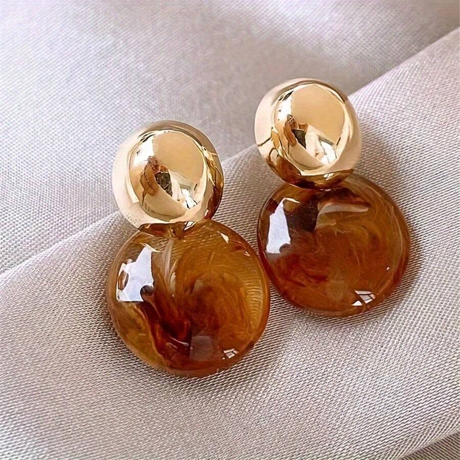 1 Pair Geometric Fashion Metal Round Resin Earrings For Women (Resin Texture Random) - 彩色 - 查看 1