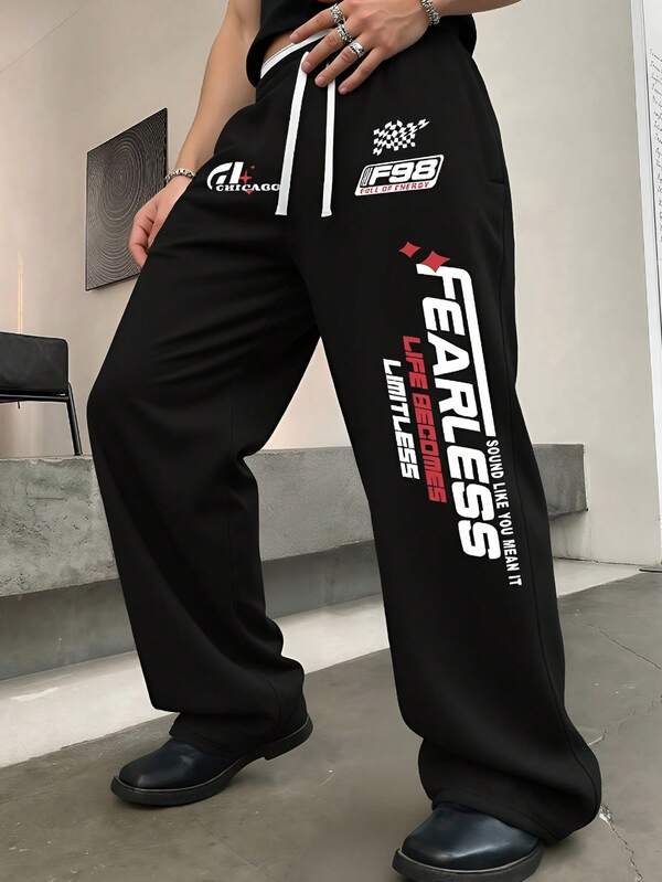 بنطلون رجالي - بنطلون جوجر أسود واسع الساق مع طباعة حرفية، قماش مطاطي قابل للتمدد من الاتجاهين، خصر مطاطي وسحاب - بنطلون رياضي كاجوال للارتداء اليومي، موضة سواج الرجعية