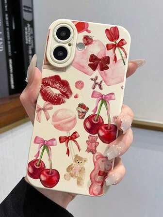 1 pieza Funda de teléfono anti-caída con lazo de cereza y diseño de oso para iPhone 16/11/12/13/14/15/15Pro/15Plus/15ProMax/7Plus/8Plus/X/XSMax/XR/11Pro/12Pro/13Pro/14Pro/12Mini/13Mini/11ProMax/12ProMax/13ProMax/14Pro Max/14Plus/6/6S/6Plus/7/8/16Pro/16Plus/16ProMax/SE y compatible con Samsung Galaxy A54/A14/A12/A13/A15/A32/A33/A24/A52S/S20/S21/S22/S23/S24/S23Plus/S24Ultra/S25/A15/A33/A23