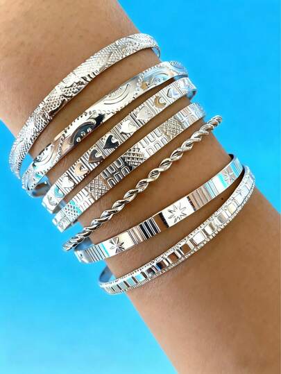 7pcs/Set Hammered Arrow, Diamond, Hexagram And Braided Open Bangle Bracelet