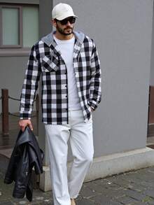 Mens Flannel Hoodie Shirts Long Sleeve Casual Plaid Jackets - White and Black - View 9