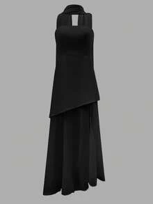 Women's Fashionable Sleeveless Chiffon Patchwork Dress, Solid Color Elegant Woven Fabric, Suitable For Elegant Beach, Evening Date, Summer