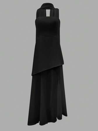 女士时尚无袖雪纺拼接连衣裙，纯色优雅梭织面料，适合优雅海滩、晚间约会、夏季