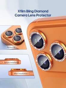 3 piezas Película protectora de lente de cámara con diamante para iPhone 17 Pro/17 Pro Max, protector de pantalla de vidrio templado 9H con anillo decorativo de metal (Diamante Naranja) - Naranja - Ver 4