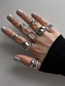 Set de 12/7 piezas de anillos de joyería gruesos y geométricos de estilo vintage con flores de metal simple, adecuados para vacaciones, playa, citas, uso casual diario y fiestas