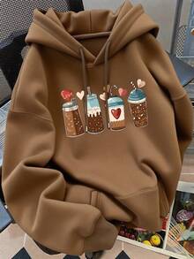 Sudadera con capucha y cordón para mujer con estampado de bebidas de café, sudadera holgada de uso diario casual de primavera y otoño - Marrón - Ver 2