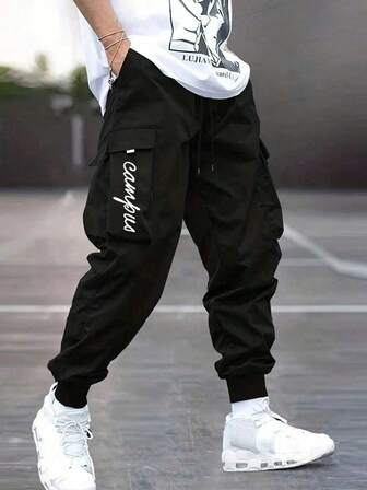 Men's Spring/Autumn Letter Print Drawstring Waist Multi-Pocket Casual Loose Fit Cargo Pants