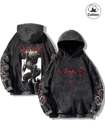 Höst- och vintertröja med luva för män, street estetiskt mönster, lätt stretchig och figurnära, tvättad med vatten för att göra den gammal och tillsatt med bomull, svart pullover med långärmad tröja, avslappnad vardaglig tillbaka till skolan-tröja med luva