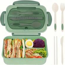 Leak-Proof Bento Box, 40.58 Oz Adult Bento Box With Tableware, Microwaveable, 3-Grid Partition, Green Lunch Container, Suitable For School, Work And Outdoor Dining, Outdoor Bento Box | Zoned Bento Box | Safety Lock Cover
