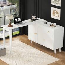 Escritorio y aparador multifuncional 2 en 1 – 360° 3 Puertas 1 Cajón – Escritorio de Computadora Elegante, Escritorio de Esquina, Mesa de Maquillaje, Escritorio de Escritura, Aparador - 1 - Ver 2