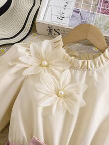 Girls' Elegant 3D Floral Beaded Design Ruffle Collar Long Sleeve Dress, Contrast Ruffle Hem And Decorative Waistband, Suitable For Spring And Autumn - Pink - View 5