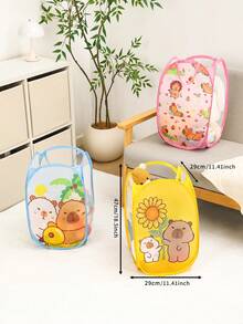 1pc Foldable Cartoon Animal Pattern Mesh Storage Basket With Handle, Suitable For Indoor/Outdoor Snacks, Toys, Clothes Storage, Baby & Kids