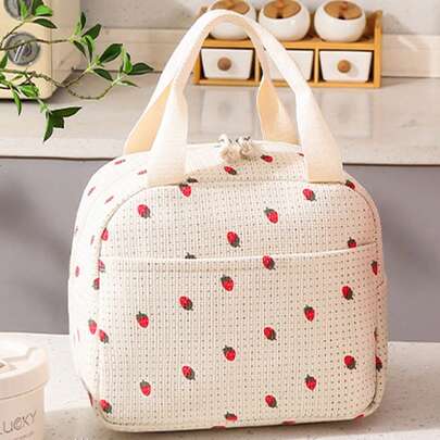 1pc Corduroy Floral Insulated Lunch Bag, Waterproof Portable Lunch Box Tote Bag For Students, Office Workers