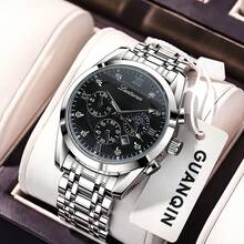 1pc GUANQIN Waterproof Luminous Watch With Rhinestones Calendar Dial Wear-Resistant Stainless Steel Strap Fashion Business Luxury Sporty Classic Simple Casual Mechanical Style Men Automatic Quartz Watch Suitable For Valentine's Day,Festivals,Dating,Business, Daily,Gifts - Silver - View 12