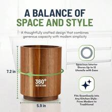 Acacia Wooden Utensil Holder Kitchen Counter, Wood Utensil Holder Counter, Kitchen Utensils Holder With 360 Rotation, Non - Slip Large Utensils Holder Spatula Holders - Brown - View 2