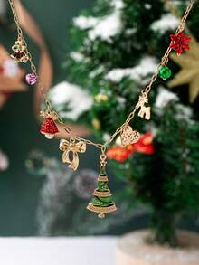 1 Pc Gingle Bells Snowflake Christmas Charm Necklace - Gold Tone Chain Necklace With Bow Xmas Tree Pendant - Holiday Festive Jewelry Gift For Women & Girls