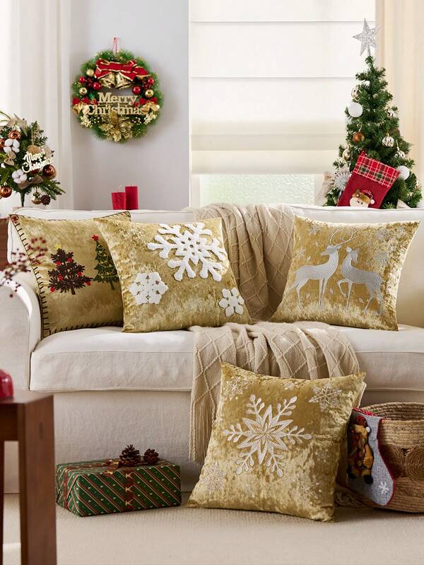 1 pieza Funda de cojín navideña de 18x18 pulgadas en blanco y dorado, funda de cojín decorativa de 18 pulgadas con copos de nieve de invierno en azul marino para sofá y decoración del hogar