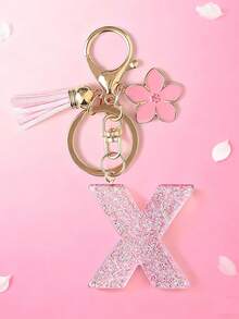 1pc DIY Pink 26 English Alphabet Keychain, Resin Glitter Flower Tassel Key Chain For Women Christmas Gift